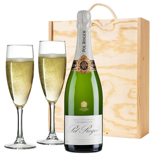 Pol Roger Brut Reserve Champagne 75cl And Flutes In Pine Wooden Gift Box